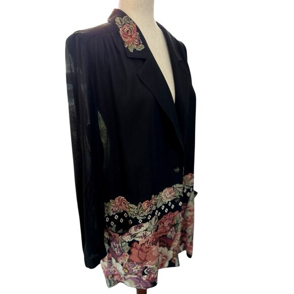 80's Needlepoint Floral Jacket Top Black Low V Neck Size 8 Boho Whimsigoth Gypsy - Picture 6 of 10